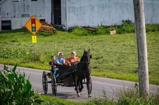 Ronks, Pennsylvania, July 19, 2022 - View of an Open Horse and Buggy with Two Amish Women and Three Children Traveling long a Rural Country Road on a Summer on a Summer Day