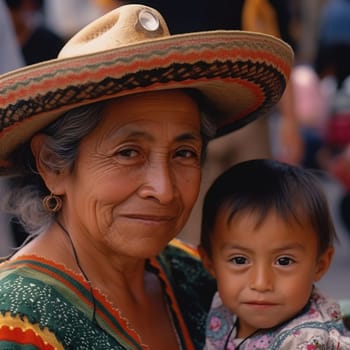 Closeup portrait, Mexican nanny in hat with a kid looking at camera, outdoors outside background. High quality photo