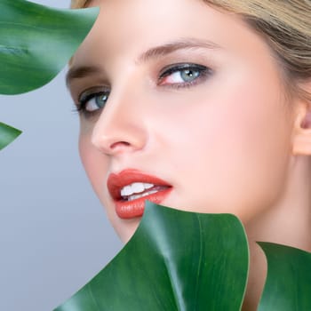 Closeup woman with perfect clean skin and alluring flawless natural soft facial makeup holding green leave monstera. Natural skincare treatment beauty or spa concept in isolated background.