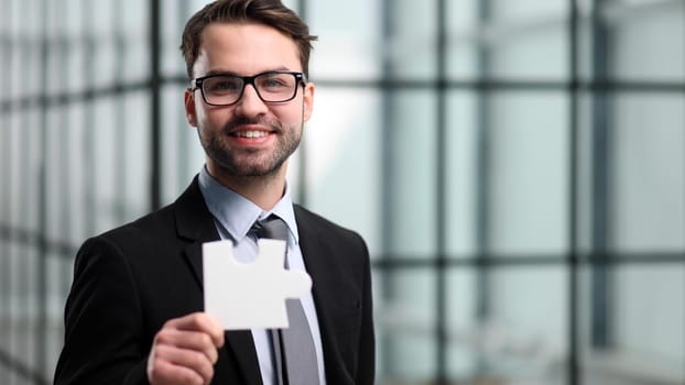 Businessman connect pieces of puzzle think of problem solving. Brainstorm, decision concept.