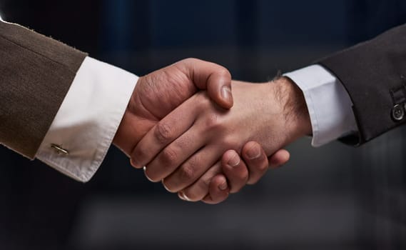 Closeup of hands of two young and successful male business people shaking hands over wooden table