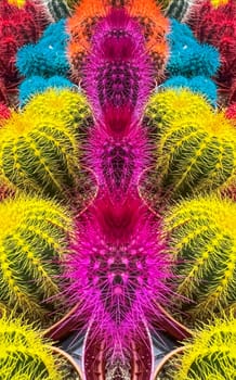 Pots with colorful Mammillaria spinosissima in plant tray on table. Colored cacti in pots. Abstract creative cactus background. Plants home decoration concept. Bright background multi-colored cacti