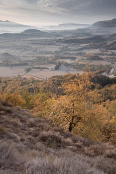 Amazing mountain landscape in a foggy morning in Muntanyola town in Catalonia