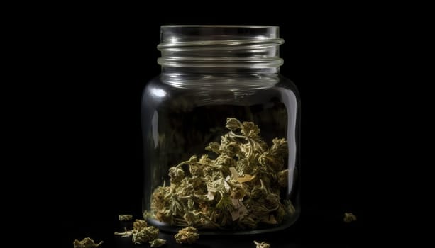 Jar of Marijuana and Cannabis on Black Background.
