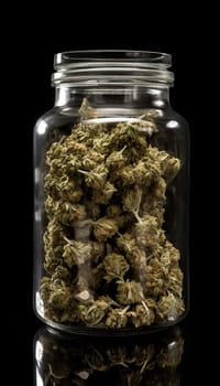 Jar of Marijuana and Cannabis on Black Background.