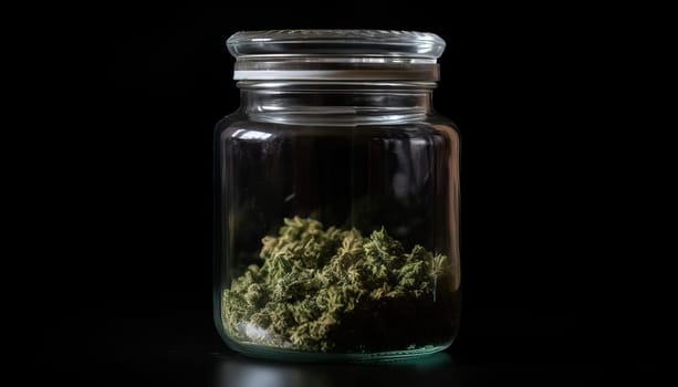 Jar of Marijuana and Cannabis on Black Background.