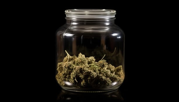 Jar of Marijuana and Cannabis on Black Background.