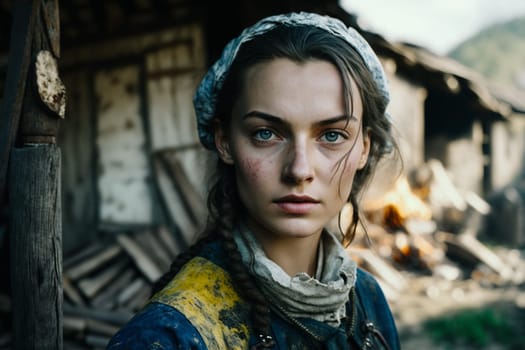 Culture of Ukraine, authenticity, uniqueness, independence and endurance. Local things, clothes, terrain. Yellow Ukrainian symbols, villages. High quality Generative AI .