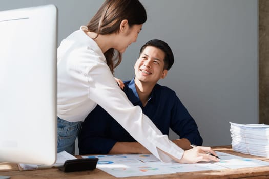 Startup family business, husband and wife discussing financial affairs, investing, making profit, tax deduction from trading using computer and investment budget paperwork working.