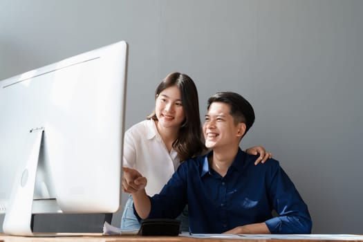 Startup family business, husband and wife discussing financial affairs, investing, making profit, tax deduction from trading using computer and investment budget paperwork working.