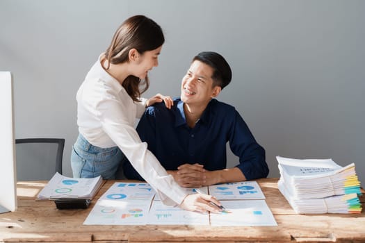 Startup family business, husband and wife discussing financial affairs, investing, making profit, tax deduction from trading using computer and investment budget paperwork working.