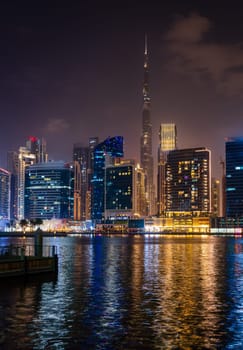 Night view of skyline of downtown district from apartment in Business Bay