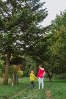 Beautiful family -Mom with small son on a walk in autumn sunny nature. Happy couple holding hands. Back view. Young mother with her little baby boy having fun in the autumn park