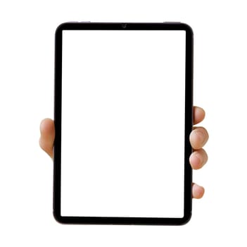 Blank tablet screen held by a man's hand against a white background, perfect for showcasing technology and digital concepts. High quality photo