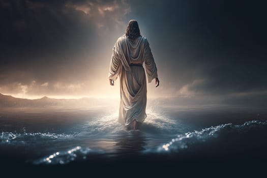 Jesus Christ walks on water. Religious concept . Bible. Faith. Drawing with paints. Painting.