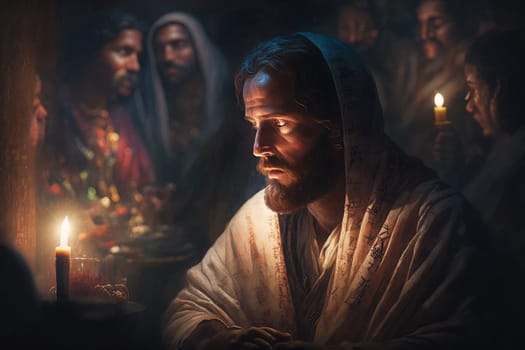 The Last Supper. The religious concept of the assembly of Jesus Christ with the 12 apostles. Bible. Faith. Drawing with paints. Painting.
