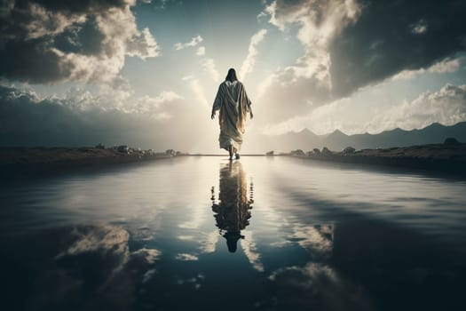 Jesus Christ walks on water. Religious concept . Bible. Faith. Drawing with paints. Painting.