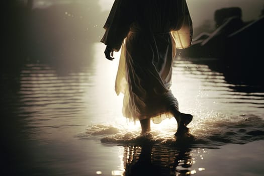 Jesus Christ walks on water. Religious concept . Bible. Faith. Drawing with paints. Painting.