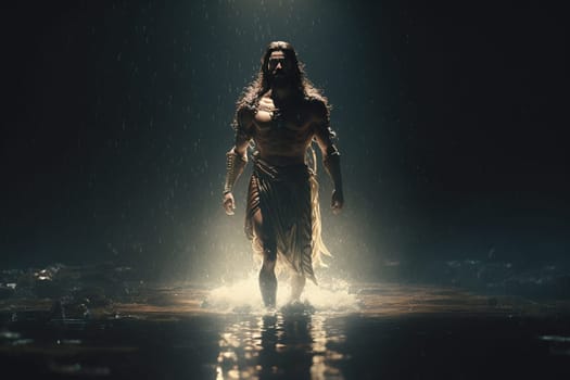 Jesus Christ walks on water. Religious concept . Bible. Faith. Drawing with paints. Painting.