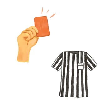 Hand holding red card. Penalty proof, Soccer or football referees hand with foulcard warning sketch. Referee's striped T-shirt.