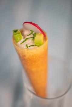 Brick cone with tuna sauce, mayonnaise, avocado and radish slice, High quality photo