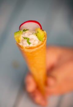 Brick cone with tuna sauce, mayonnaise, avocado and radish slice, High quality photo
