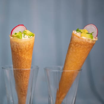 Brick cone with tuna sauce, mayonnaise, avocado and radish slice, High quality photo