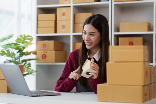 Small businesses SME owners female entrepreneurs check online orders to prepare to pack the boxes, sell to customers, sme business ideas online.