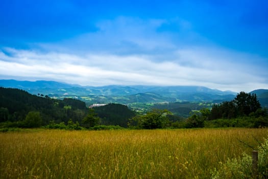 landscape in mountains. grassy field and rolling hills out of focus. rural scenery. Basque country, Spain