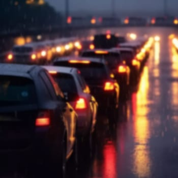 Traffic jam heavy on highway on rainy day with raindrops on car glasses. blurred background, motion blur, evening peak hour