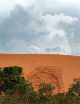 A magnificent sand dune rises above a lush green jungle under a cloudy sky. Perfect for text space, this photo conveys solitude, isolation, and distance. Location: Jalapao.