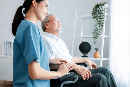 Caring nurse and a contented senior man in a wheel chair at home, nursing house. Medical for elderly patient, home care for pensioners.