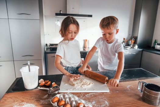 Two people together. Little boy and girl preparing Christmas cookies on the kitchen.