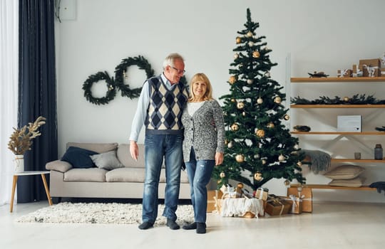 Standing near christmas tree. Senior man and woman is together at home.