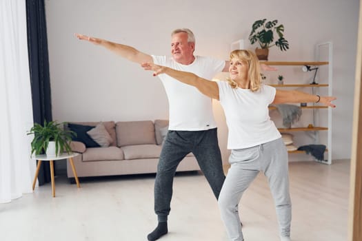 Sportive exercises. Senior man and woman is together at home.