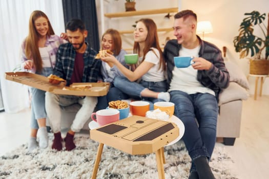 Eating food and drinking tea. Group of friends have party indoors together.