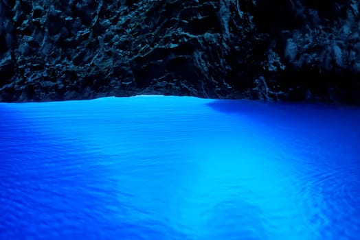 inside of blue lagoon cave. famous Blue Cave in Croatia, Bisevo Island Blue Grotto on Dalmatian Coast.