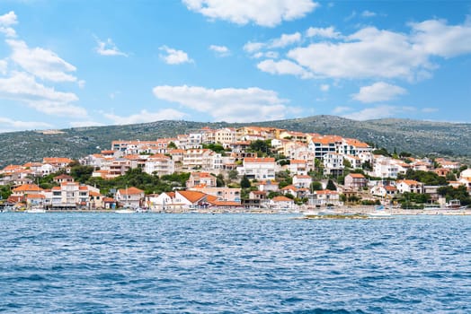 Adriatic town of Rogoznica aerial coastline view, central Dalmatia region of Croatia.