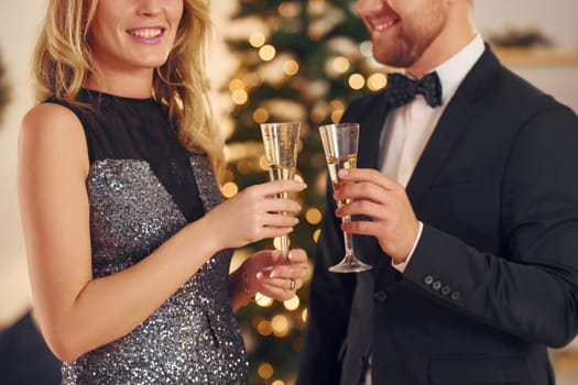 Cheering with glasses of alcohol. Happy couple have a new year party indoors together.