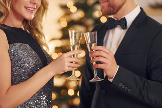 Cheering with glasses of alcohol. Happy couple have a new year party indoors together.