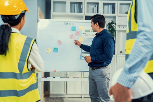 A team of investor and competent engineers brainstorming on the whiteboard to find new ideas and making plans. The idea of a team gather ideas together.