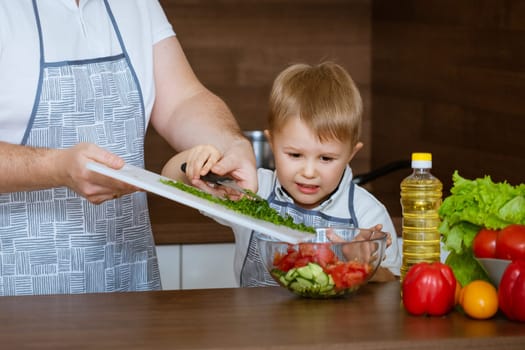 The blonde-haired son and father prepare a salad of colorful, fresh vegetables together in the kitchen. They both wore blue aprons.