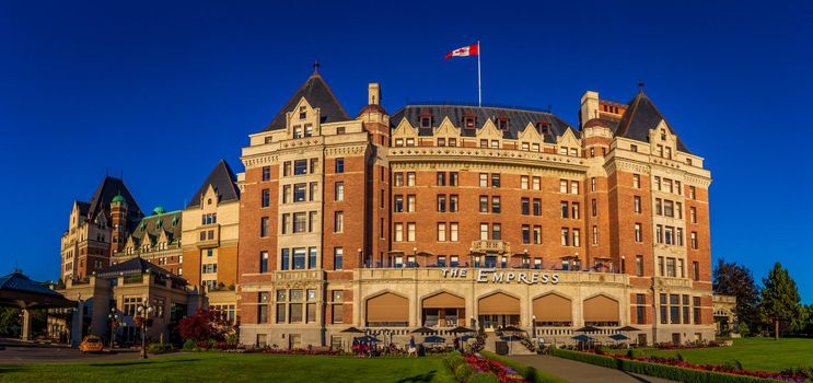 Victoria, BC, Canada - July 3, 2018: The Fairmont Empress is one of the oldest hotels in Victoria, British Columbia, Canada.