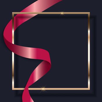 Pink Ribbon and Golden Frame on Dark Background. Vector Illustration EPS10