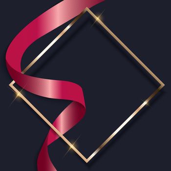 Pink Ribbon and Golden Frame on Dark Background. Vector Illustration EPS10