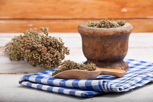 Close up of dried oregano herb inside a bowl