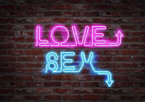 The phrase Love or sex written by a light neon on a brick wall