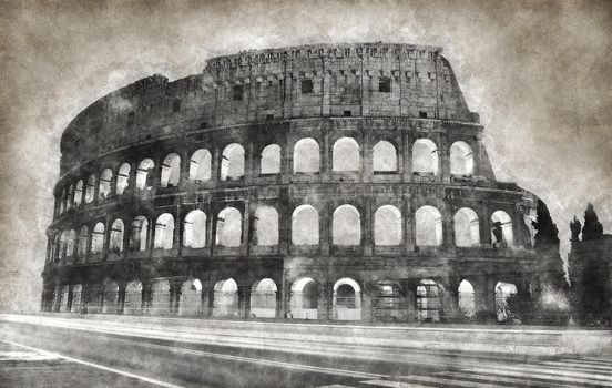 Digital Sketch of Rome Colosseum, famous architecture in Italy