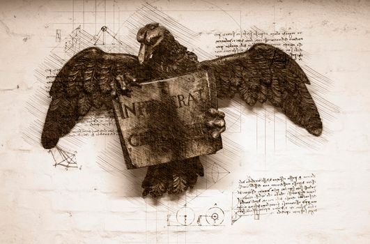 Sketch of a Wooden Sculpture of an eagle holding a book with the gospel inscription “In principio erat Verbum” on old paper