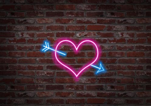 The Hearth pierced by an arrow. Shape light neon on a brick wall